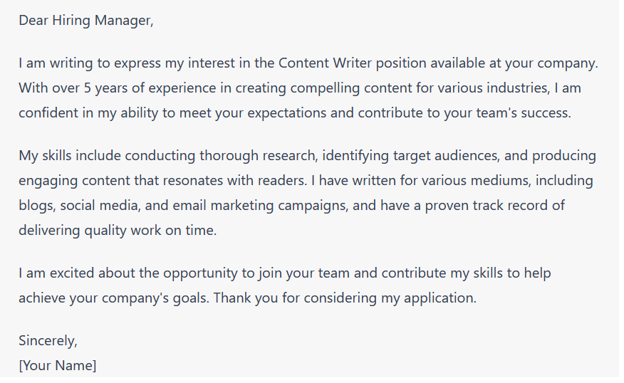 Cover Letter For Content Writers For Experienced 