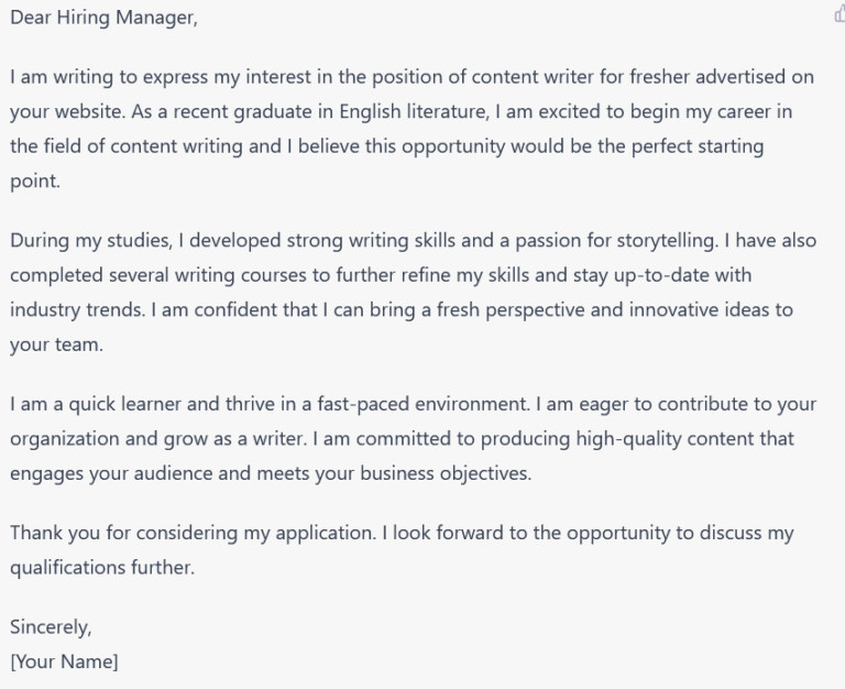 sample cover letter for content writer